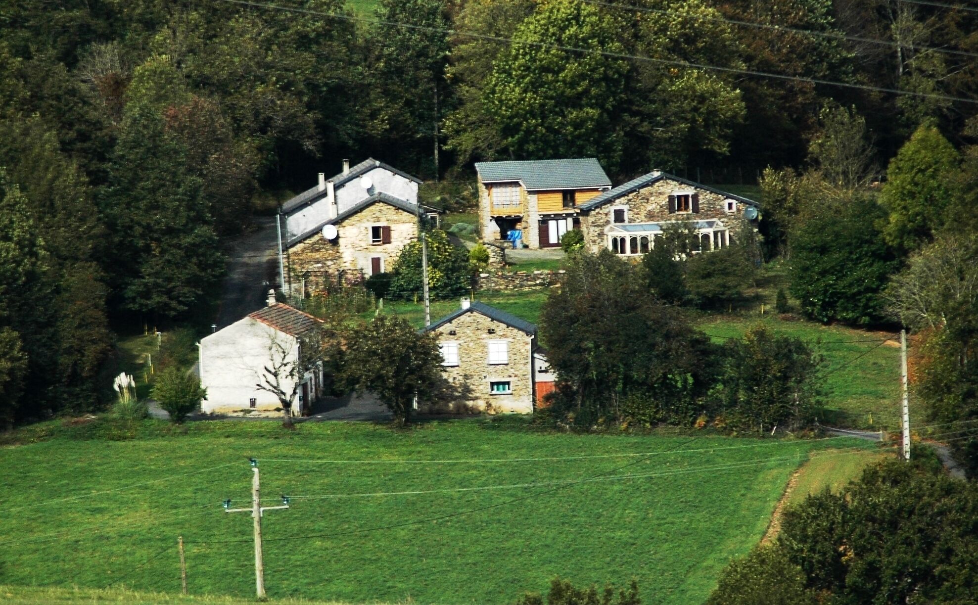 Un cadre rural avec trois maisons en pierre, entourées de verdure et bordées d’un champ herbeux.