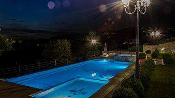 A swimming pool at night with surrounding greenery and a stone wall.