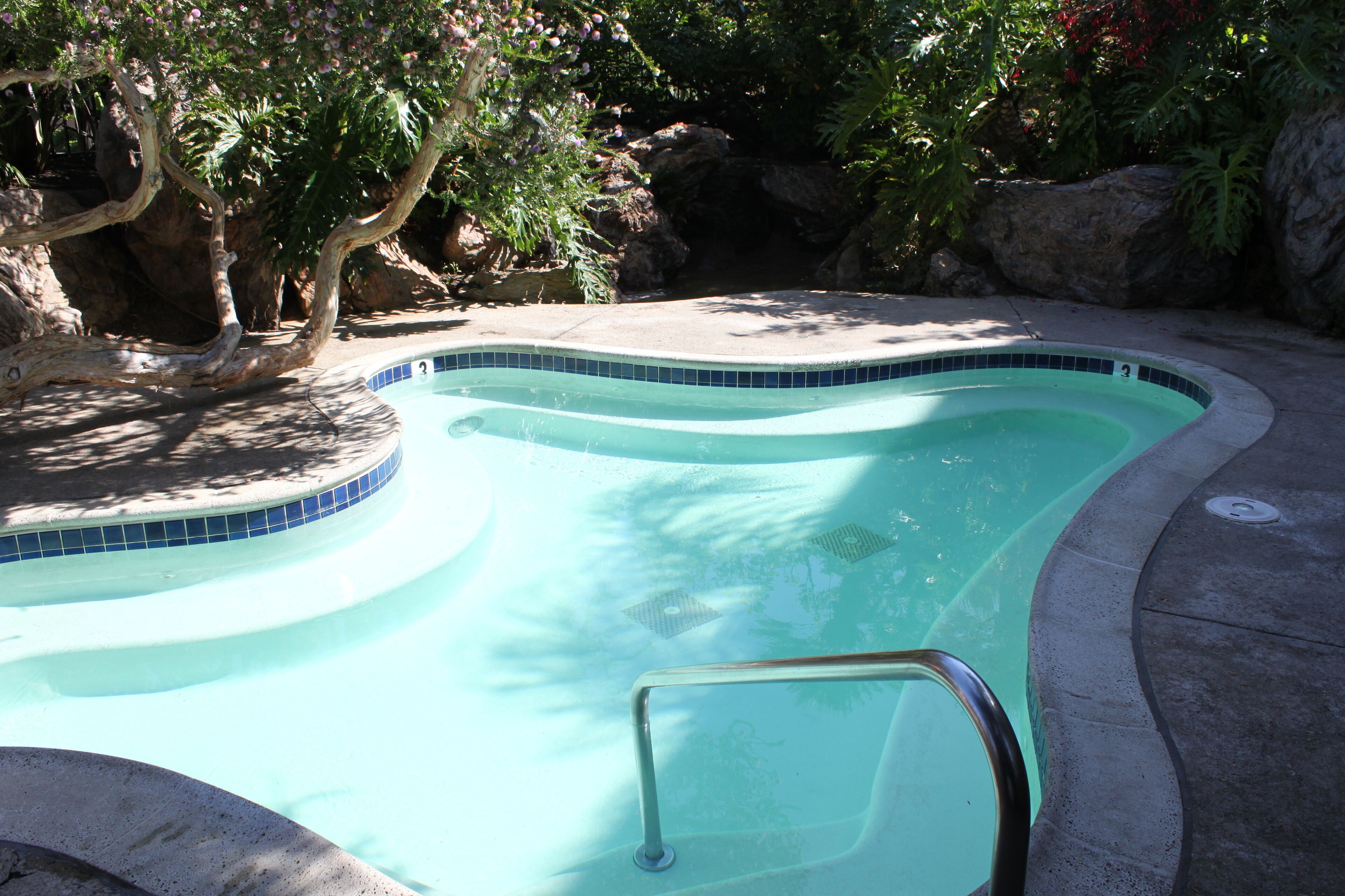 Une piscine dont le bord est recouvert de carreaux, entourée de rochers et d’arbres.