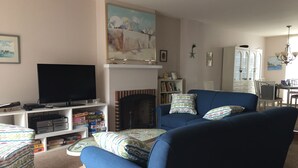 A living room with a blue sofa, a flat-screen TV, a fireplace, and a bookshelf.