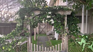 Puinen portti, jossa on metalliaita, ja sen ympärillä on vehreää kasvillisuutta sekä polku, joka johtaa rakennukseen.