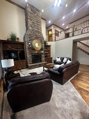 Smart TV, lareira, DVD player, livros