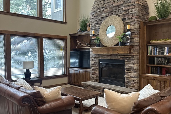 Älytelevisio, takka, DVD-soitin, kirjoja