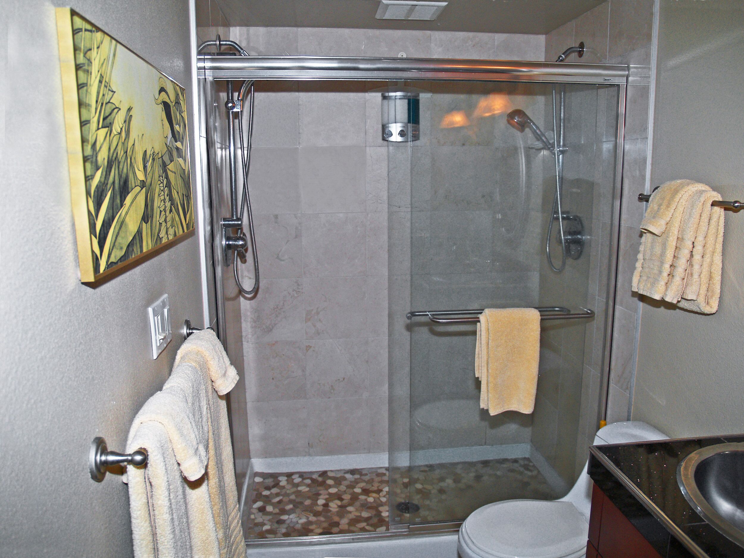 A shower with a glass door, a towel rack, and a toilet.