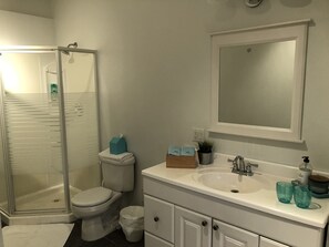 Ducha, secador de pelo, toallas y jabón