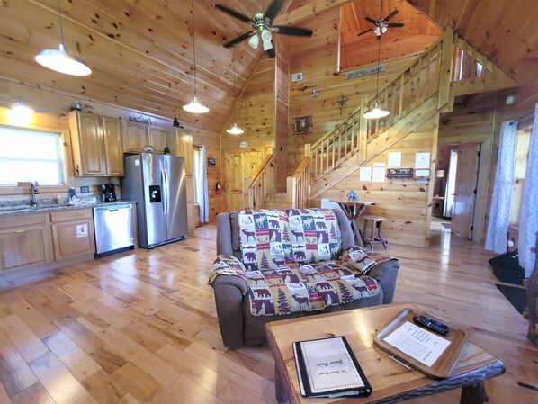 Älytelevisio, takka, kirjoja, musiikkikirjasto