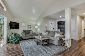 Smart TV, fireplace, books