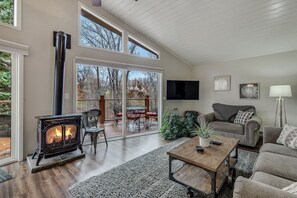 Smart TV, fireplace, books