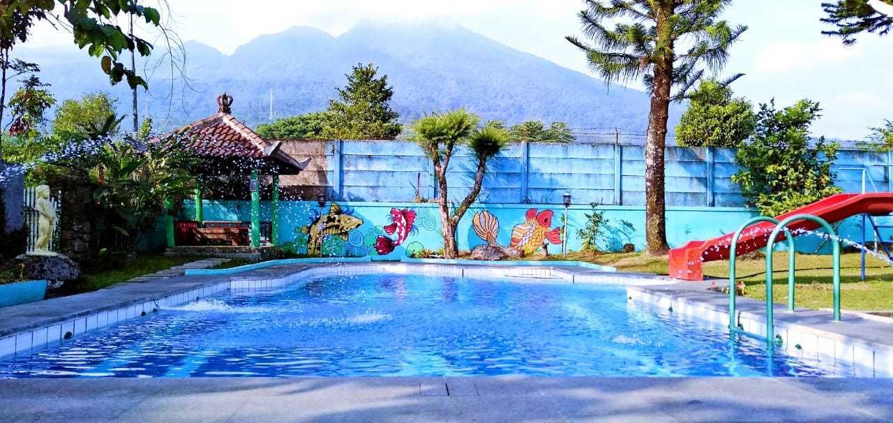 A swimming pool with a mural of fish, surrounded by greenery and a mountain backdrop.