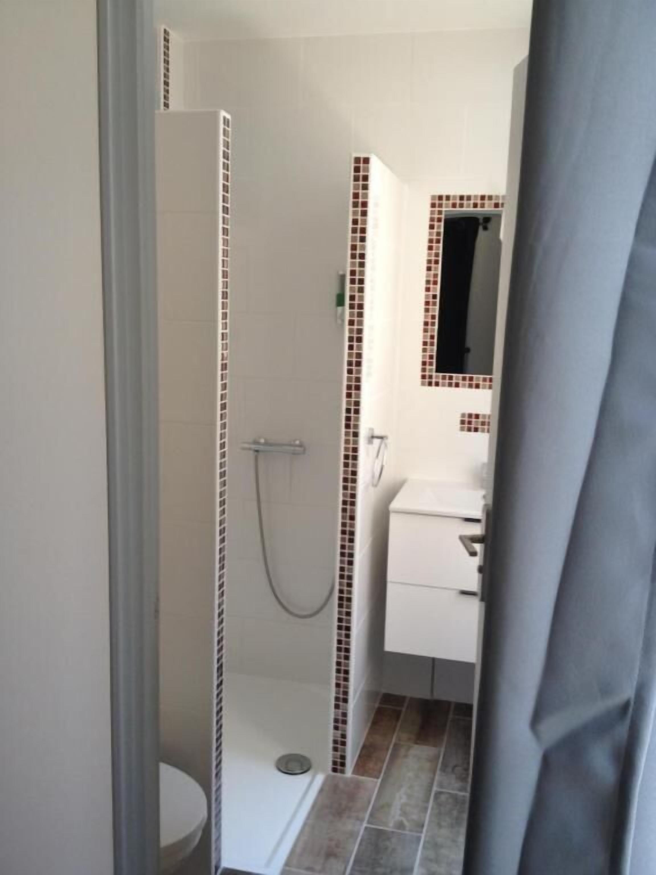 Un baño con ducha, inodoro y lavamanos con espejo.