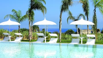 Seasonal outdoor pool, pool umbrellas, pool loungers