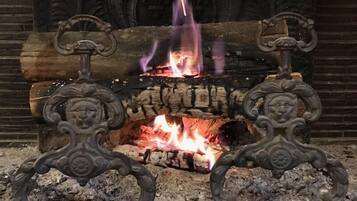 A fireplace with ornate metal brackets and burning logs.