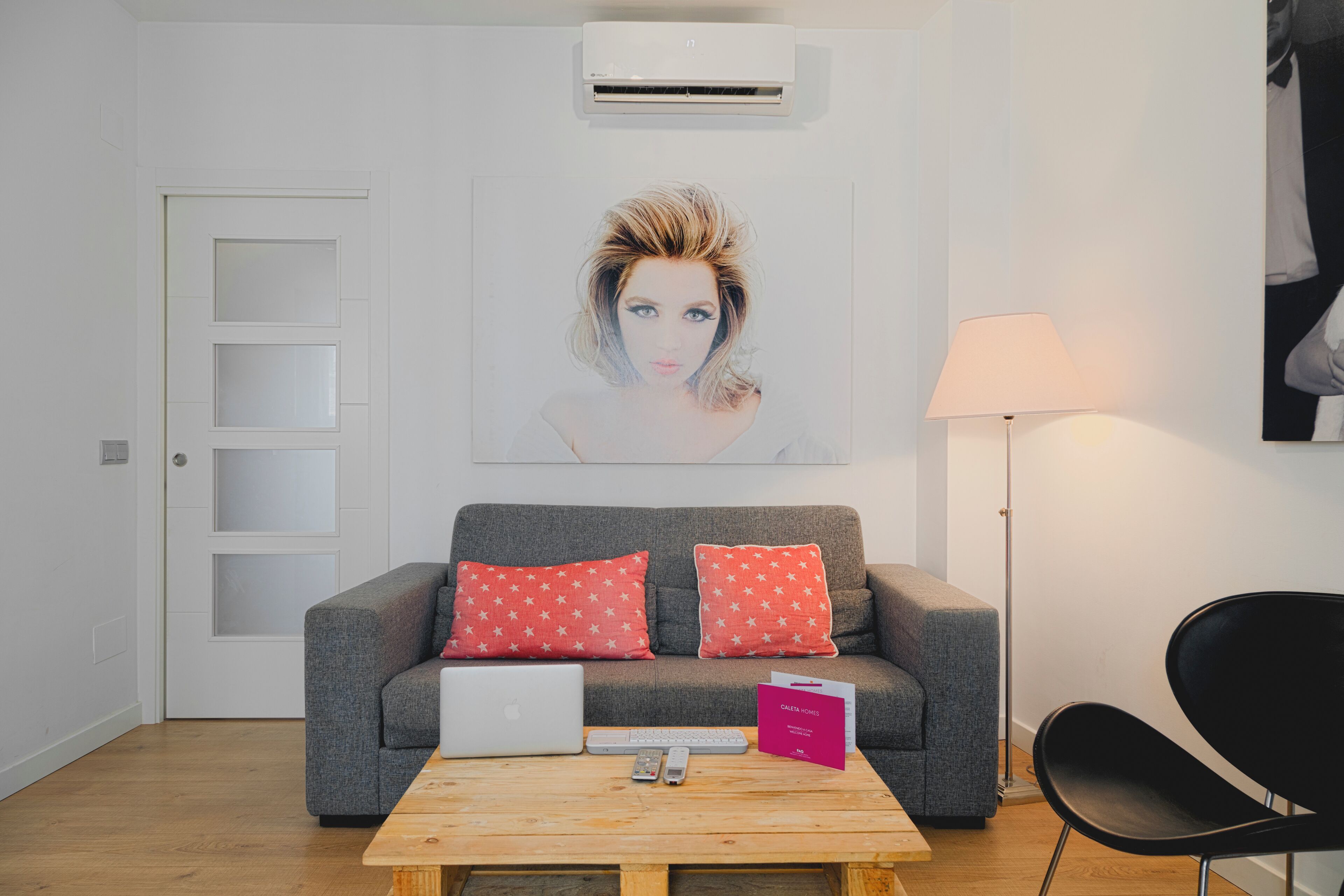 A modern living room with a grey sofa, two red pillows, a laptop, a remote control, and a pink shopping bag.
