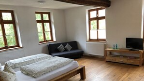 A room with a bed, a sofa, a TV on a wooden stand, and large windows. - Landhaus Hui Wäller (Greifenstein)