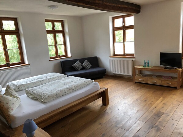 Una habitación con una cama, un sofá, un televisor sobre un soporte de madera y ventanas amplias.