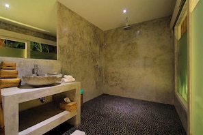 Shower, hair dryer, towels, shampoo
