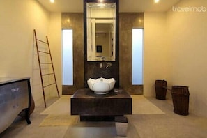 Shower, hair dryer, towels, shampoo