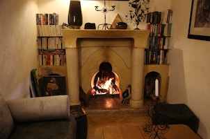 Una habitación acogedora con chimenea, estanterías y una zona de estar cómoda.