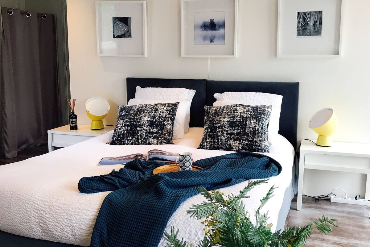 A modern bedroom with a large bed, two bedside tables, and a potted plant.