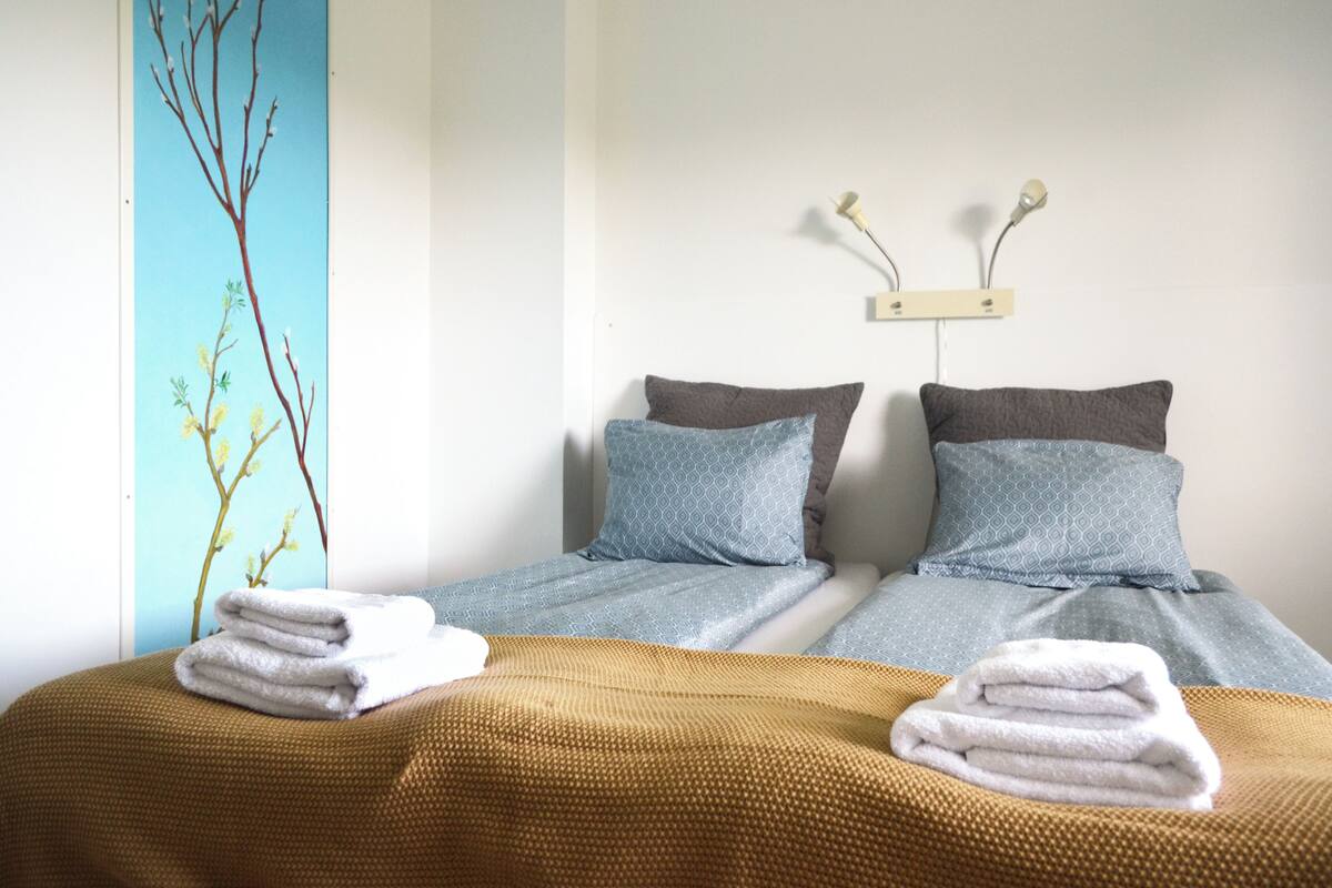 A hotel room with two beds, each with a blue patterned bedspread and matching pillows. There are towels stacked on the beds. A wall-mounted lamp is visible above the beds.