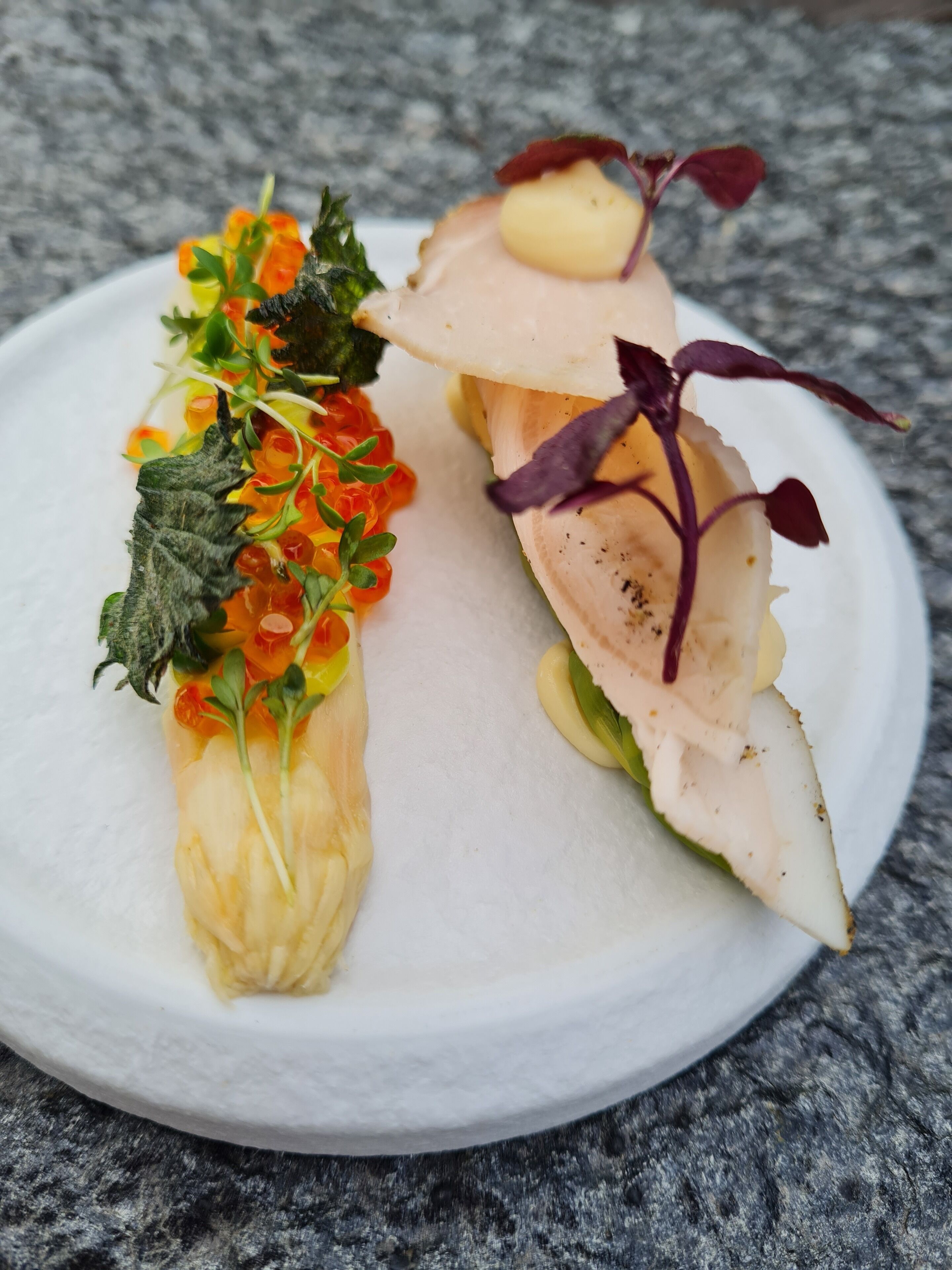A plate with a variety of food items, including a piece of meat, a vegetable, and some garnishes.
