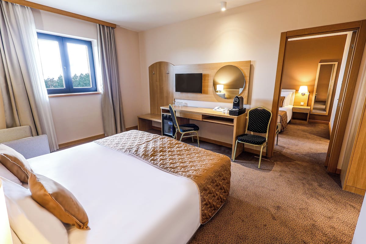 Une chambre d’hôtel avec un grand lit, un bureau avec une chaise, une télévision et un miroir.