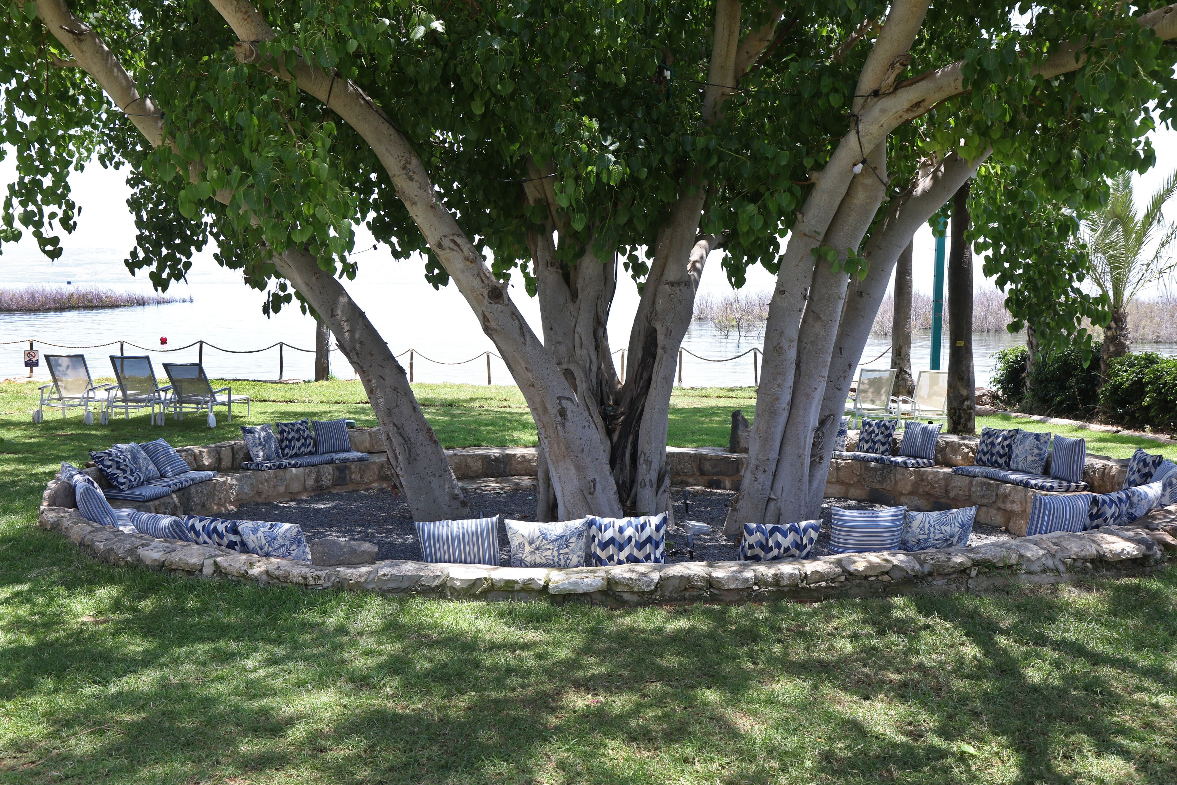 A circular seating area with patterned cushions, surrounded by a stone border, under a large tree by a body of water.
