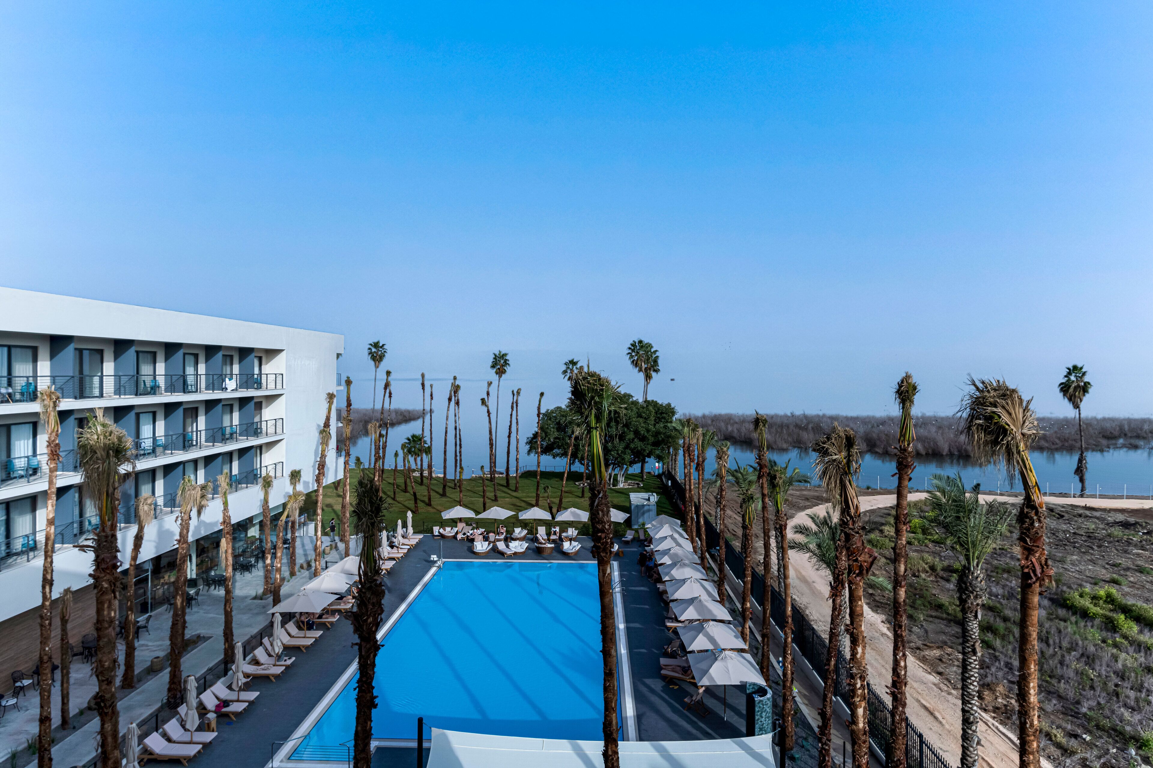 A hotel with a pool, palm trees, and a view of the water.
