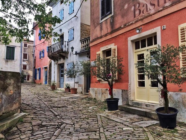 A cobblestone street lined with colorful buildings, some with balconies and potted plants. - Holiday Home Daska (Groznjan)