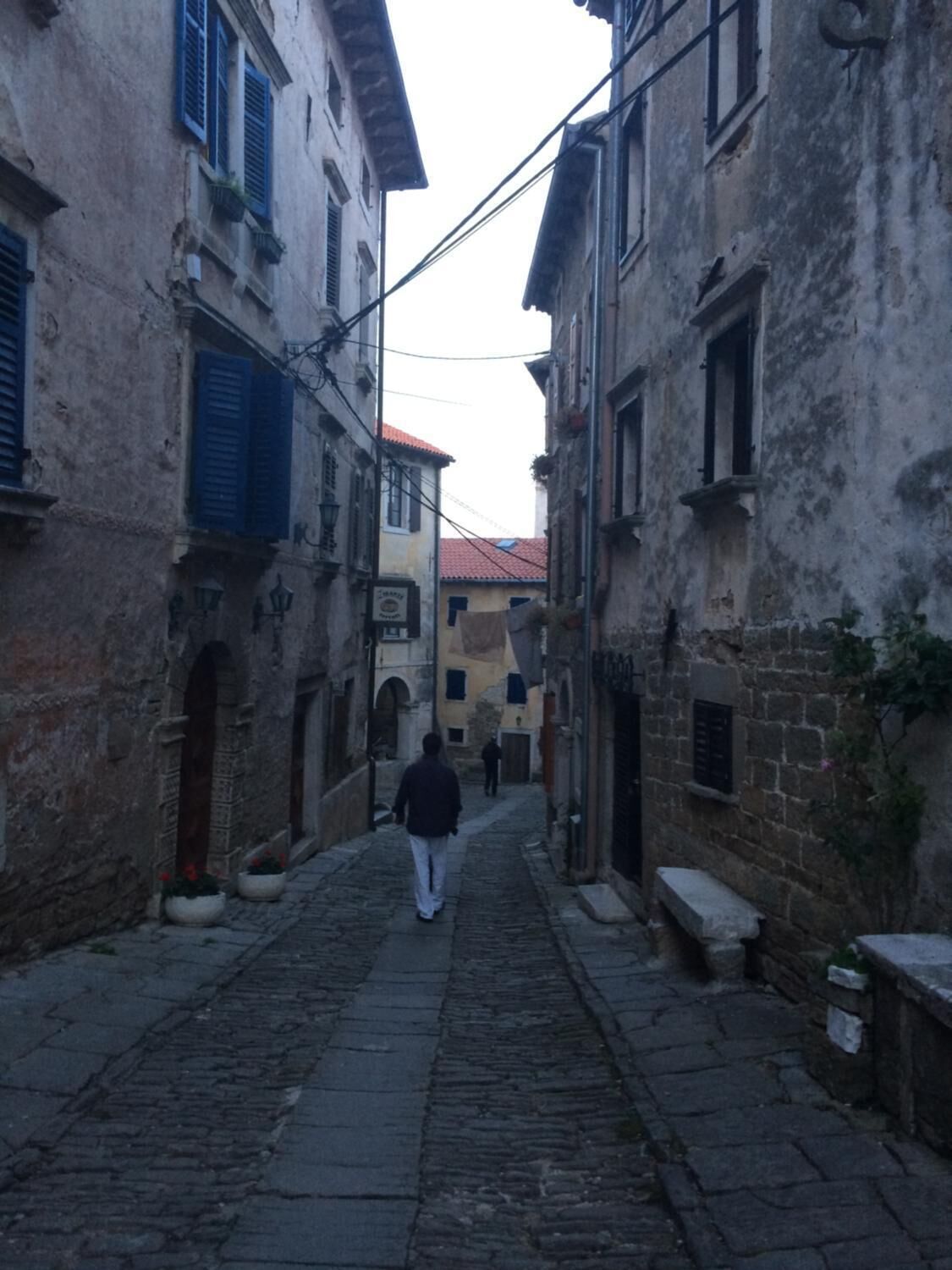 A narrow cobblestone street flanked by old buildings with stone facades and blue shutters.