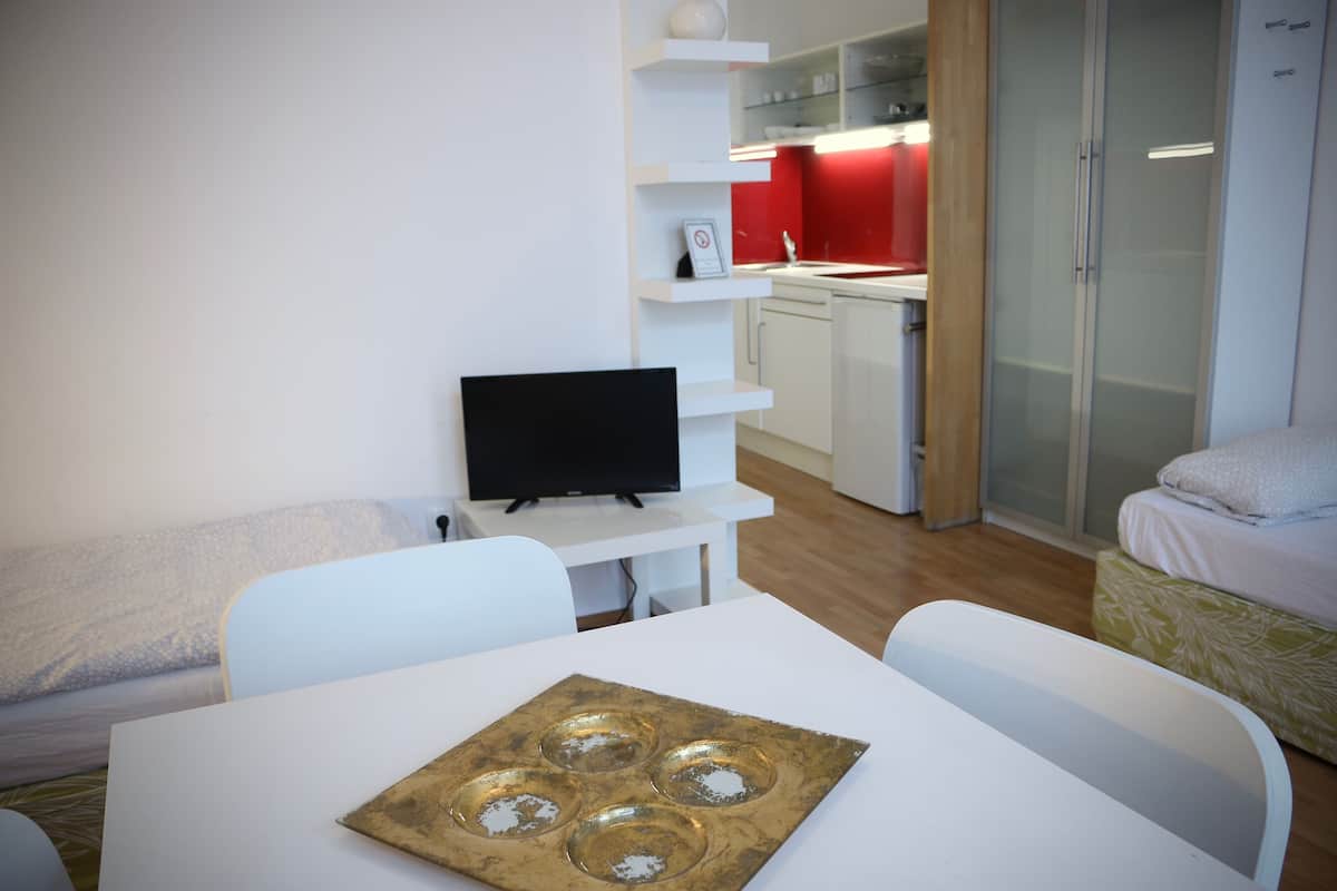 Studio Apartment - 2 Rooms - Kitchen & Bath | Sala de estar | Televisión de pantalla plana de 35 pulgadas con canales por cable