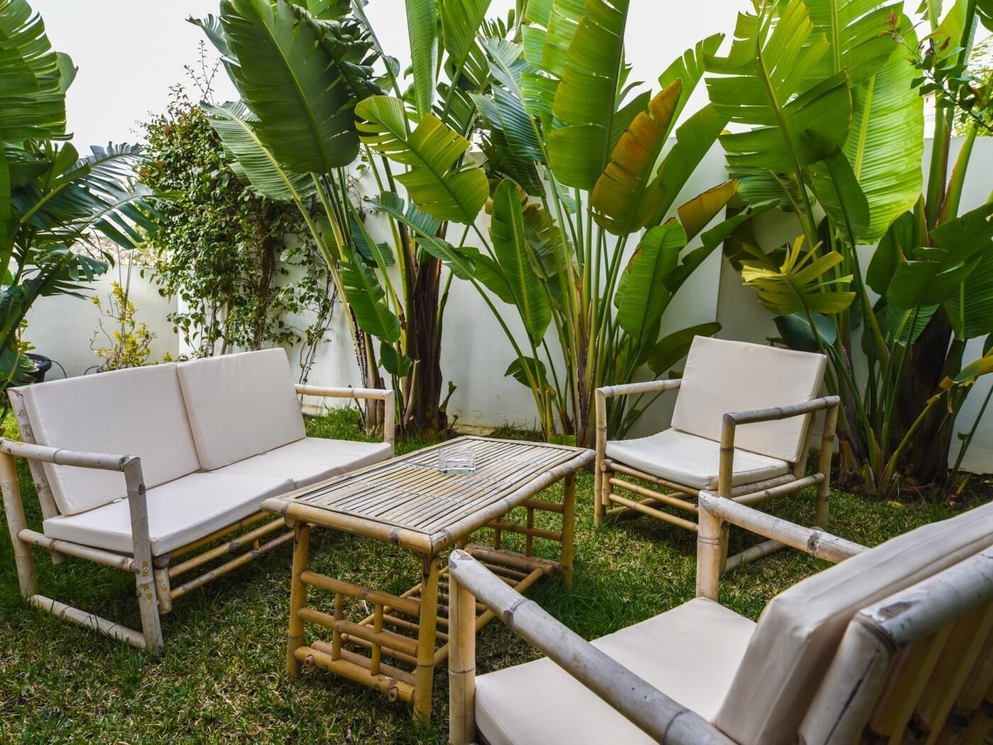 Un ensemble de mobilier en bambou comprenant des coussins, une petite table et un espace verdoyant entouré de grands plants de bananiers.
