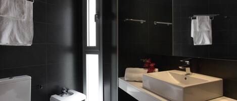 Bathtub, hair dryer, towels