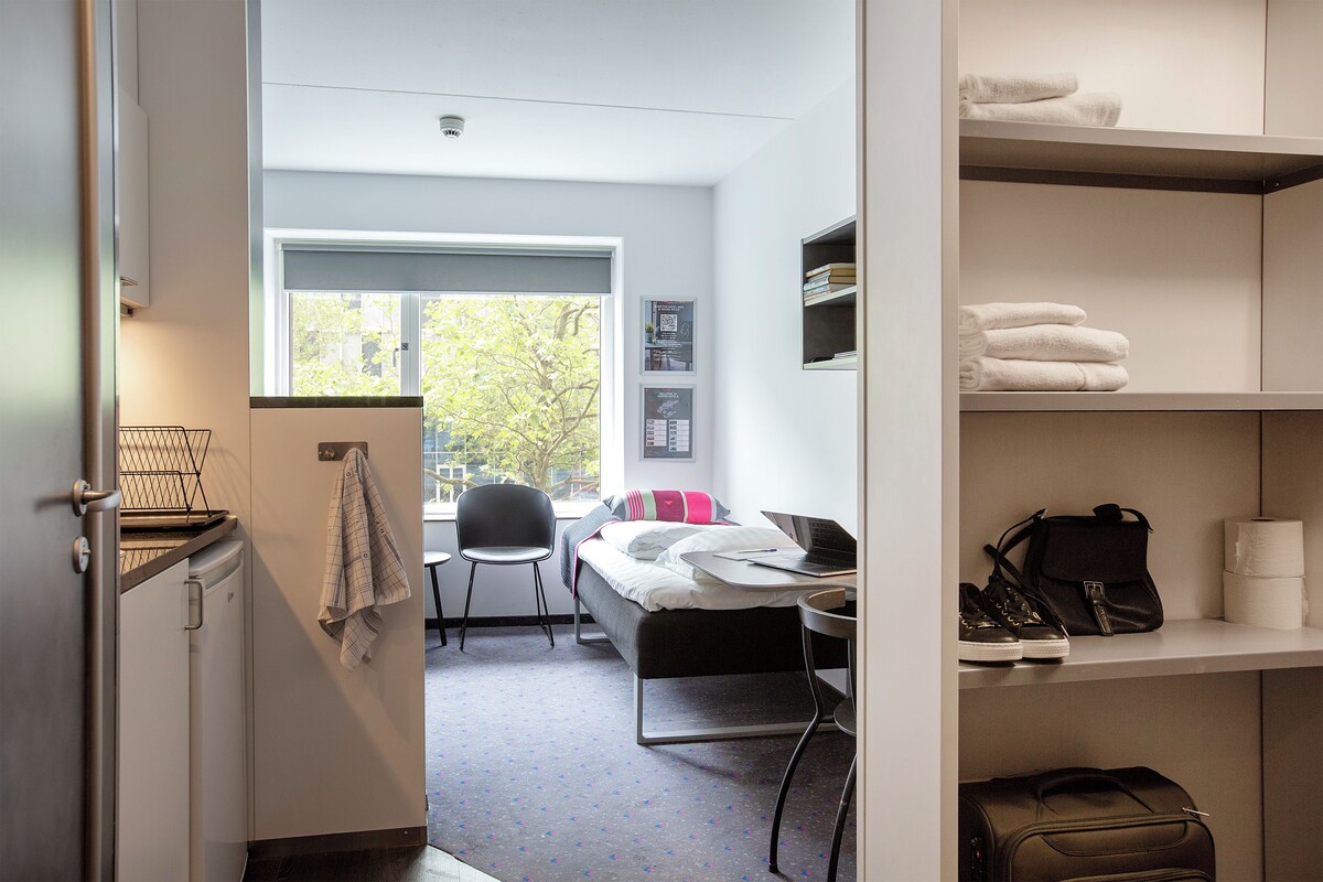 A hotel room with a bed, a desk, a chair, a window with a view of trees, and shelves with towels and a bag.