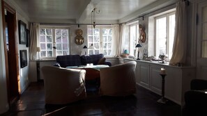 Smart-TV, Kamin, Bücher, Musikbibliothek