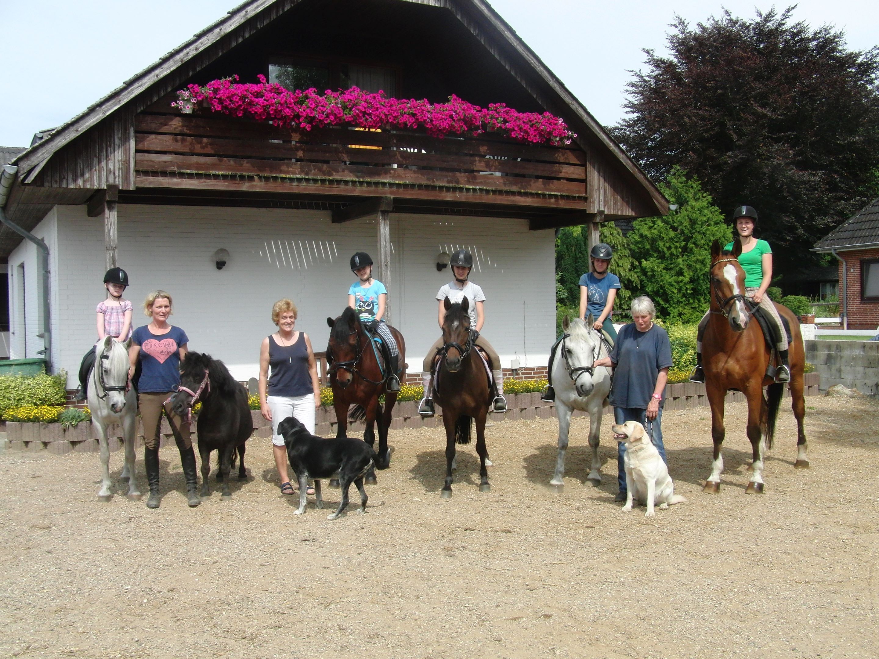 Een groep mensen met paarden en een hond voor een rustiek gebouw met een schuin dak en bloembakken.