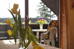 Une table ornée d’un vase de tulipes jaunes, une fenêtre donnant sur un jardin et une chaise avec un coussin aux couleurs vives.
