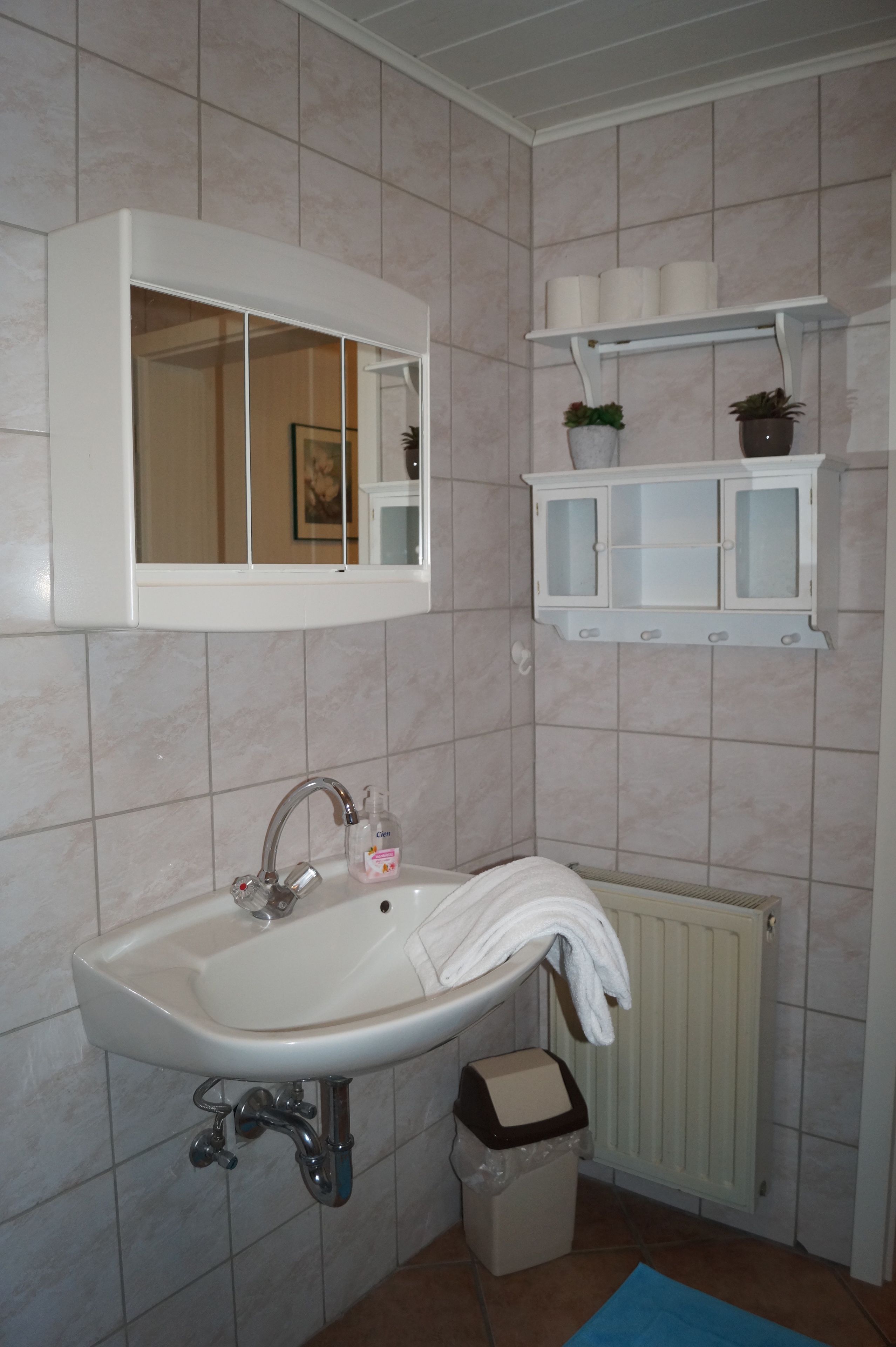Une salle de bain avec un lavabo blanc, un miroir, un porte-serviettes et une étagère contenant des articles de toilette.