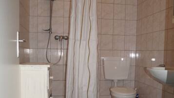 A bathroom with a shower, toilet, and sink. There are blue mats on the floor.