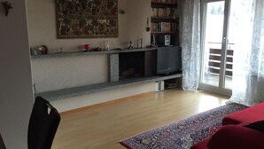 Un soggiorno con camino, librerie, televisore e un divano rosso.