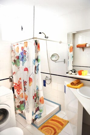 Shower, hair dryer, towels, toilet paper