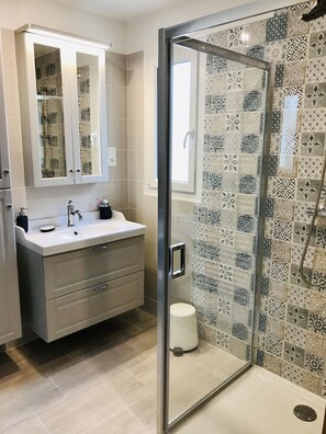 Shower, hair dryer, toilet paper