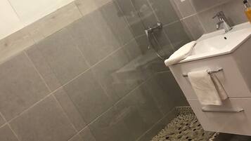 Une salle de bain avec une douche, un lavabo et un miroir.