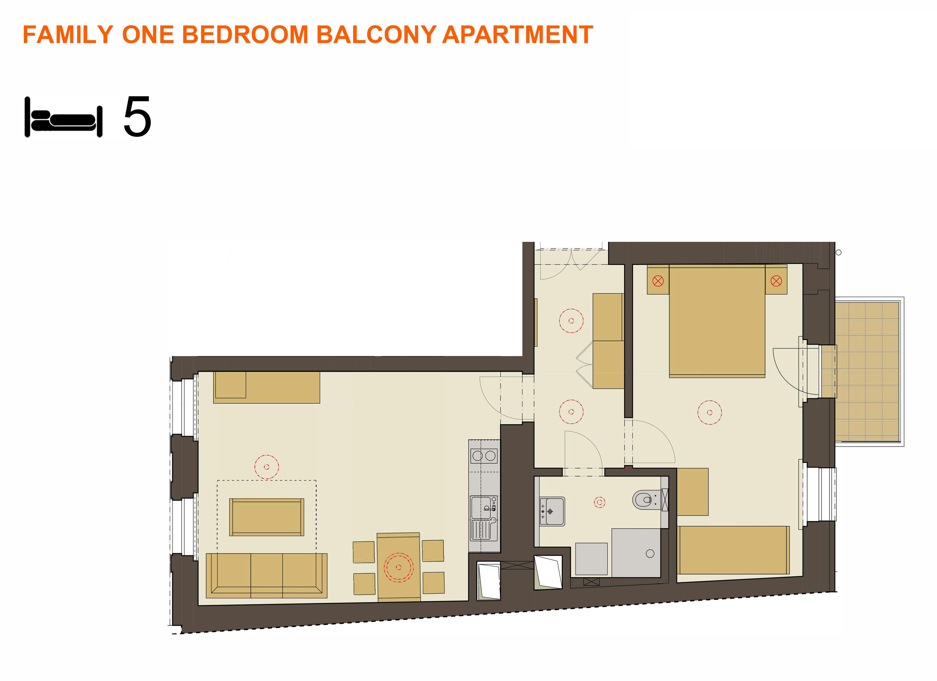 Plan d’étage d’un appartement familial avec une chambre, un balcon, une cuisine, un coin repas, un salon et une petite salle de bain.