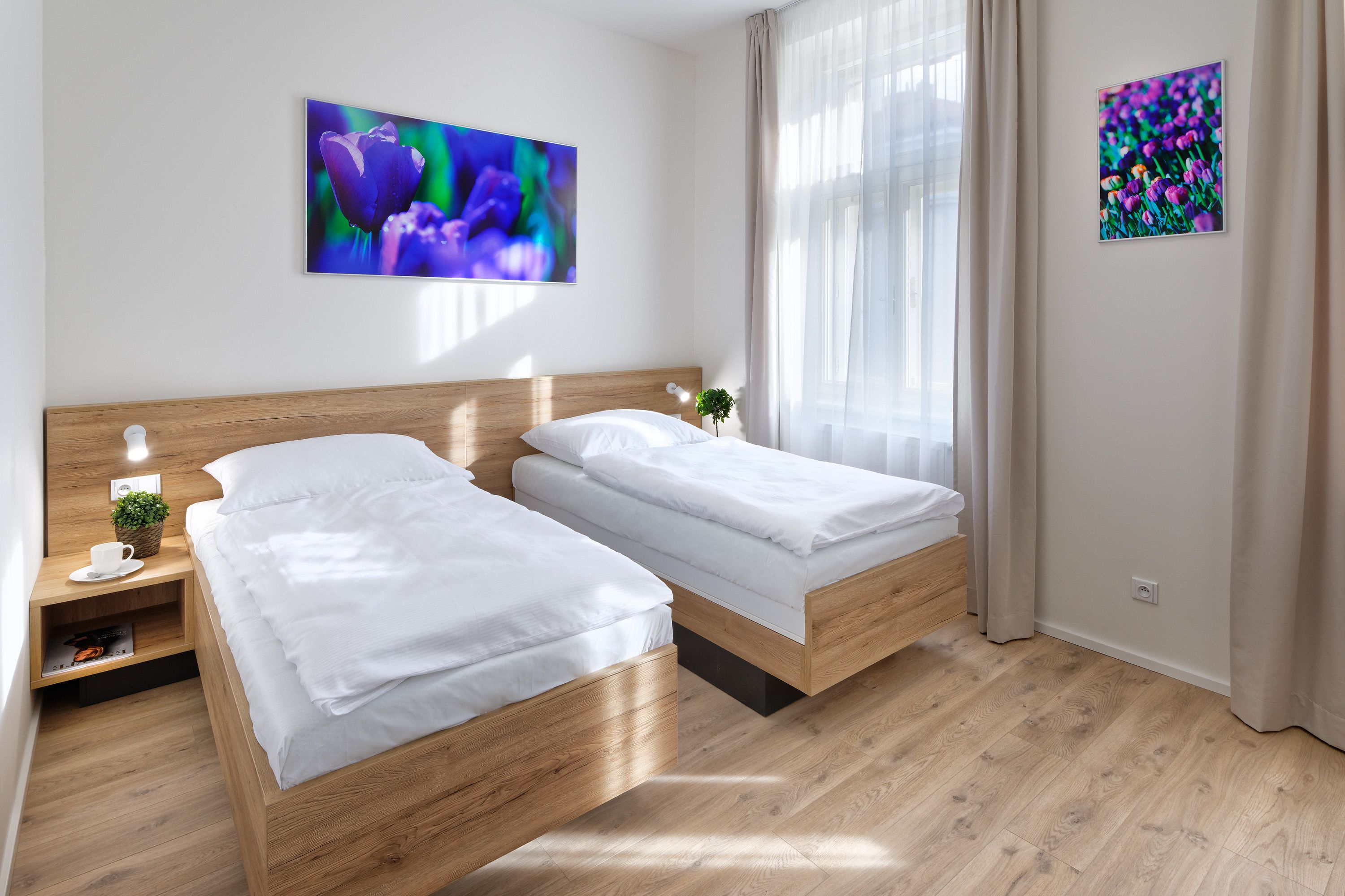 Un dormitorio moderno con dos camas, una mesita de noche, una planta pequeña y dos obras de arte colgadas en la pared.