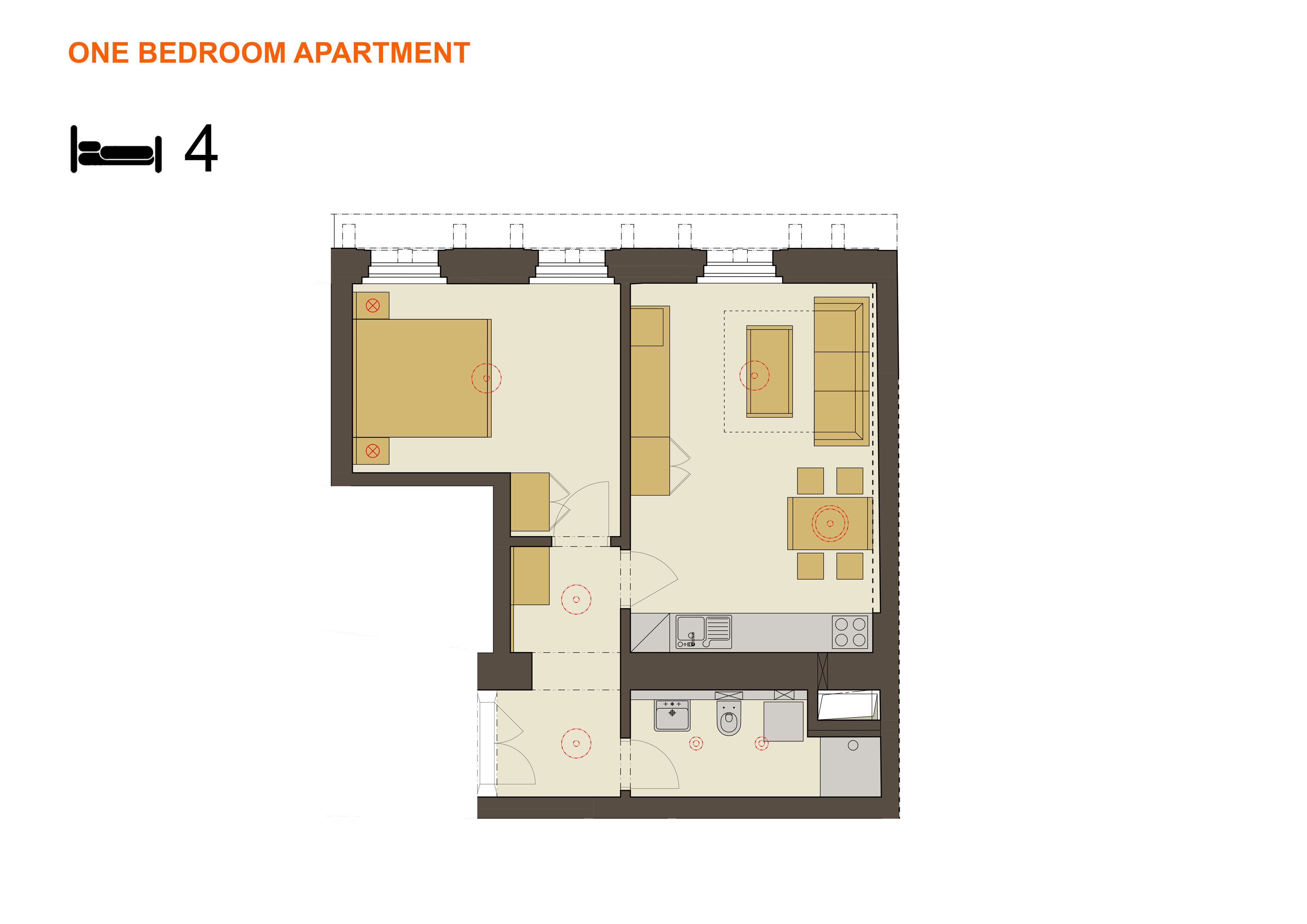 A one-bedroom apartment layout with a living room, kitchen, dining area, and a bedroom.