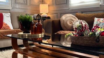 TV connectée, cheminée, lecteur de DVD, table de tennis de table