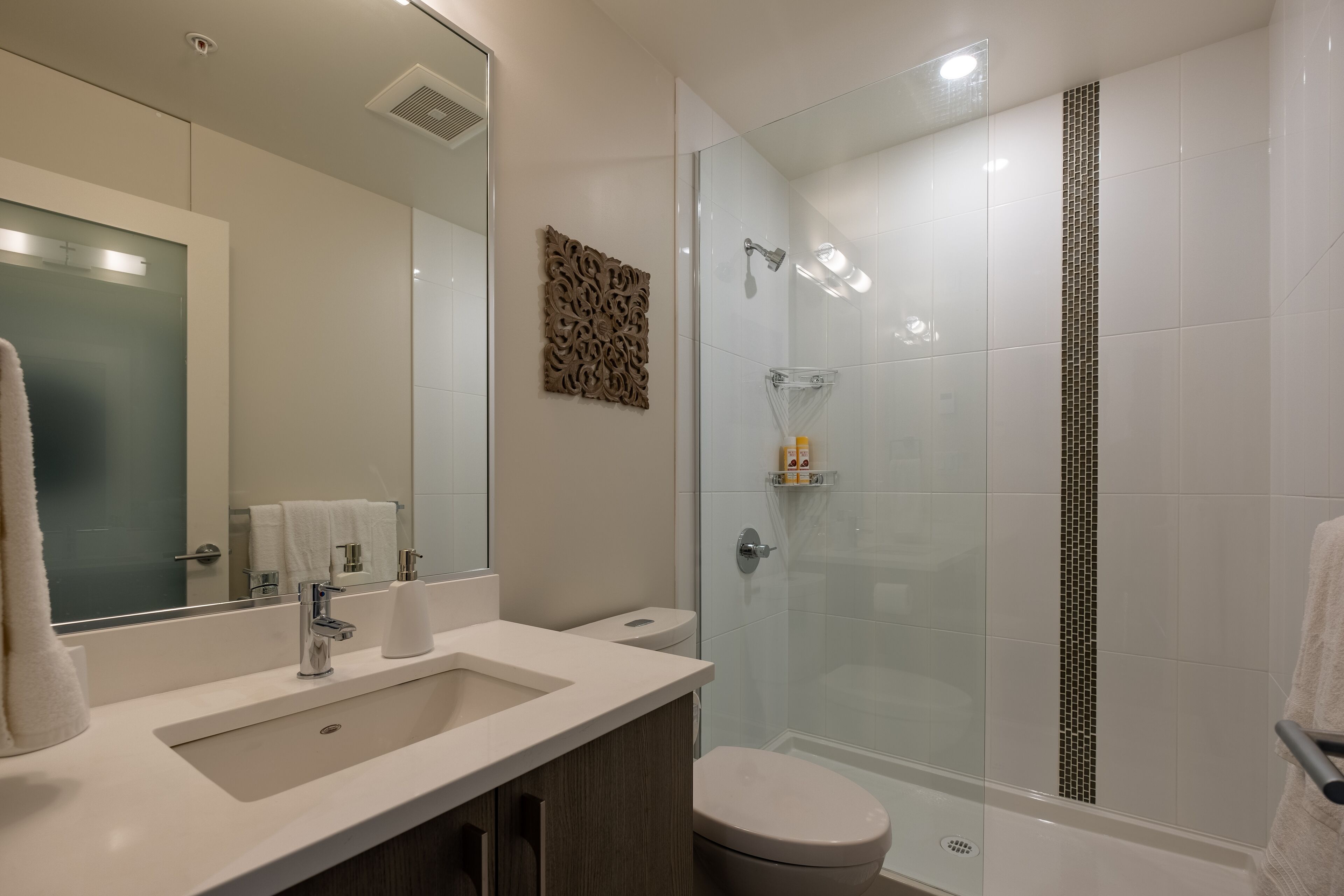 Combined shower/tub, hair dryer, towels, soap