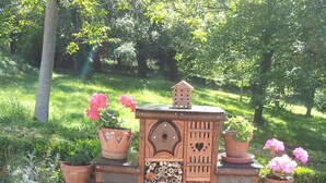 A wooden structure with multiple potted plants, including pink flowers, in a garden setting. - 13 Bees (Confolens)