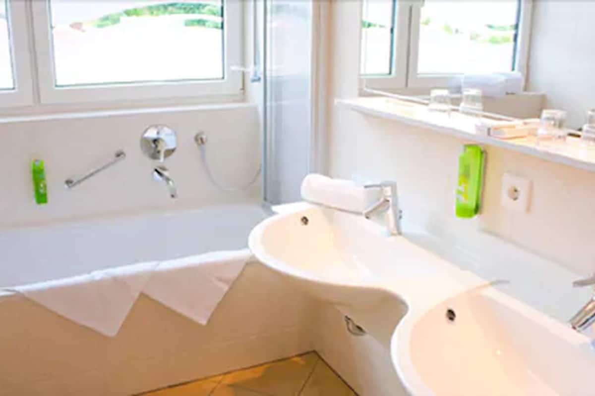 combined shower/bathtub, free toiletries, hair dryer, bidet